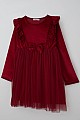 Kız Çocuk Uzun Kollu Kadife Elbise Fiyonk Aksesuarlı Tüllü Fırfırlı Kırmızı (4-8 Yaş)