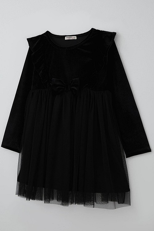 Kız Çocuk Uzun Kollu Kadife Elbise Fiyonk Aksesuarlı Tüllü Fırfırlı Siyah (4-8 Yaş)
