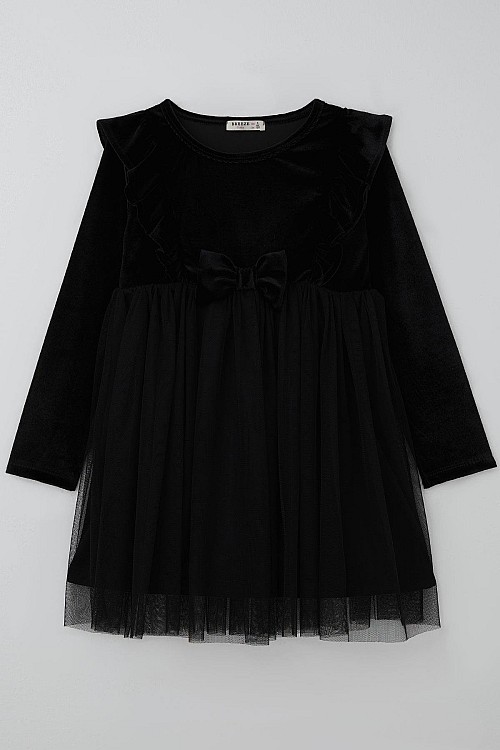 Kız Çocuk Uzun Kollu Kadife Elbise Fiyonk Aksesuarlı Tüllü Fırfırlı Siyah (4-8 Yaş)