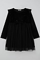 Kız Çocuk Uzun Kollu Kadife Elbise Fiyonk Aksesuarlı Tüllü Fırfırlı Siyah (4-8 Yaş)