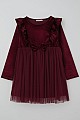 Kız Çocuk Uzun Kollu Kadife Elbise Fiyonk Aksesuarlı Tüllü Fırfırlı Bordo (4-8 Yaş)