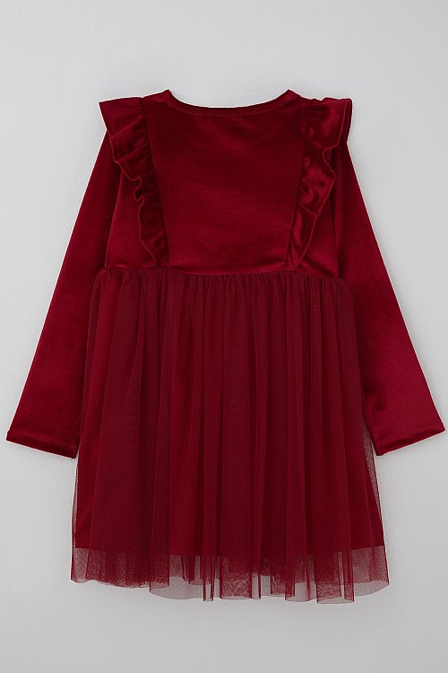 Kız Çocuk Uzun Kollu Kadife Elbise Fiyonk Aksesuarlı Tüllü Fırfırlı Kırmızı (4-8 Yaş)