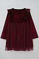 Kız Çocuk Uzun Kollu Kadife Elbise Fiyonk Aksesuarlı Tüllü Fırfırlı Bordo (4-8 Yaş)