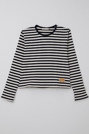 Girls' Long-Sleeved T-Shirt with Emblem and Bow Accessory, Navy Blue (Ages 9-14)