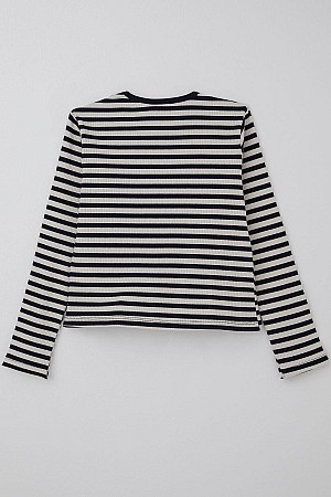 Girls' Long-Sleeved T-Shirt with Emblem and Bow Accessory, Navy Blue (Ages 9-14)