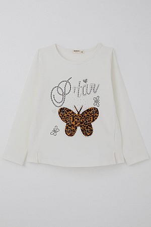 Girls' Long-Sleeve T-Shirt with Leopard Print, Butterfly Emblem, Rhinestone Text Print, Ecru (Ages 6-12)
