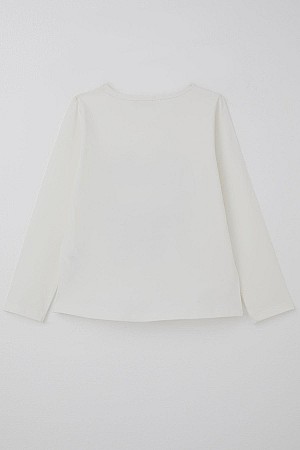 Girls' Long-Sleeve T-Shirt with Leopard Print, Butterfly Emblem, Rhinestone Text Print, Ecru (Ages 6-12)