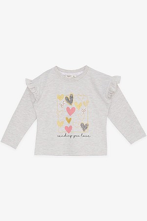 Girl Long Sleeve T-Shirt Glittery Heart Printed Ruffle Beige Melange (1-4 Years)