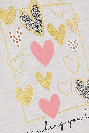 Girl Long Sleeve T-Shirt Glittery Heart Printed Ruffle Beige Melange (1-4 Years)