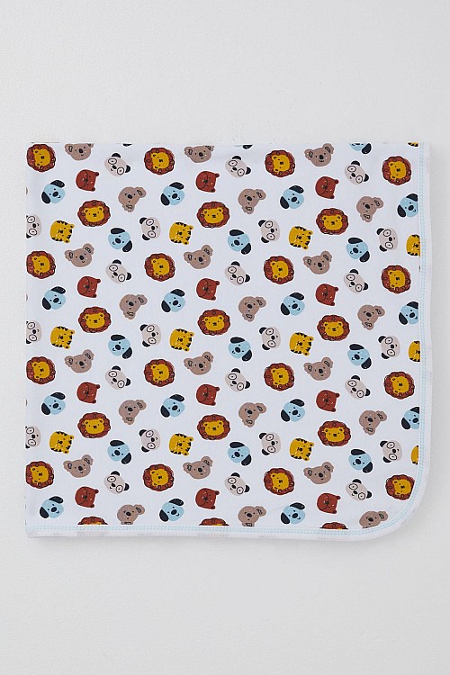 Yenidoğan Bebek Battaniyesi Sevimli Hayvancıklar Desenli Beyaz (Standart)