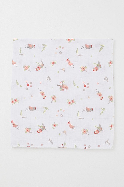 Yenidoğan Bebek Müslin Battaniye Çiçek & Kuş Desenli Ekru (Standart)