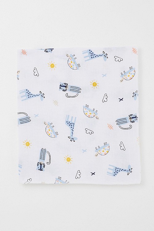 Yenidoğan Bebek Müslin Battaniye Sevimli Hayvancıklar Desenli Beyaz (Standart)