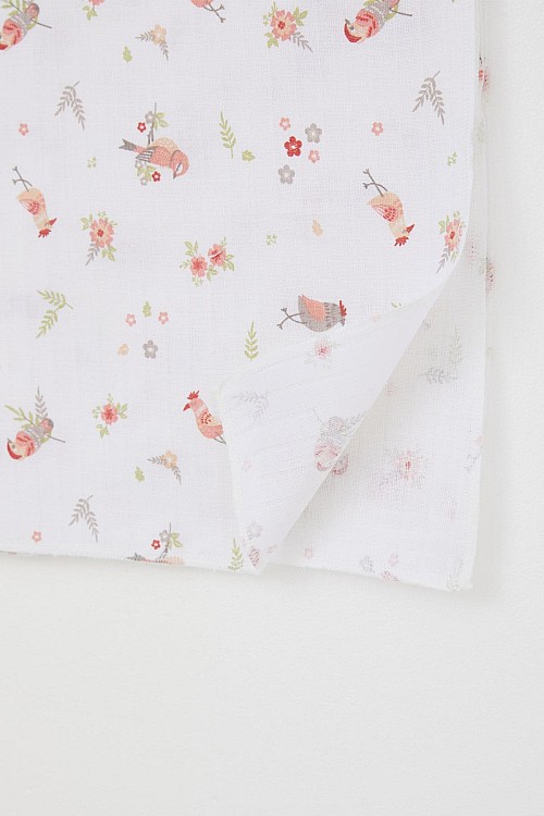 Yenidoğan Bebek Müslin Battaniye Çiçek & Kuş Desenli Ekru (Standart)