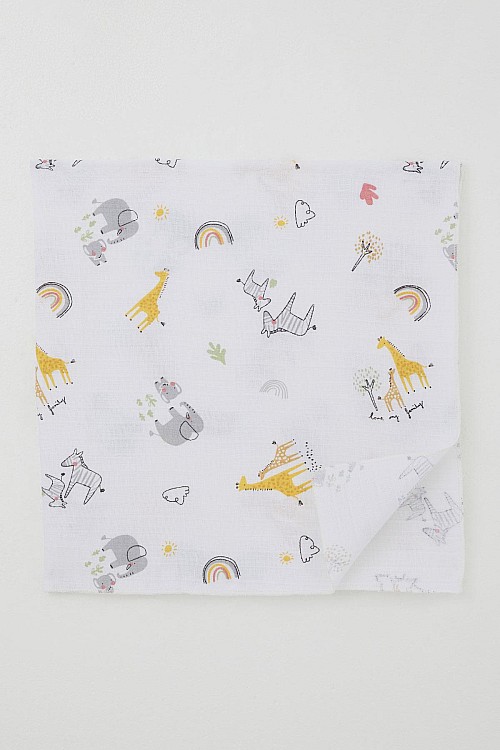 Yenidoğan Bebek Müslin Battaniye Sevimli Ormanları Desenli Ekru (Standart)