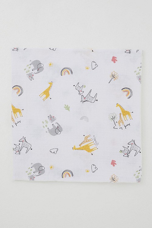 Yenidoğan Bebek Müslin Battaniye Sevimli Ormanları Desenli Ekru (Standart)