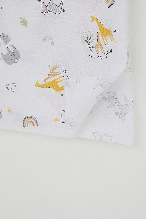 Yenidoğan Bebek Müslin Battaniye Sevimli Ormanları Desenli Ekru (Standart)