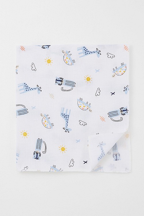 Yenidoğan Bebek Müslin Battaniye Sevimli Hayvancıklar Desenli Beyaz (Standart)