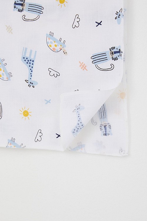 Yenidoğan Bebek Müslin Battaniye Sevimli Hayvancıklar Desenli Beyaz (Standart)