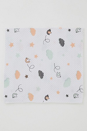 Yenidoğan Bebek Müslin Battaniye Gökyüzü Masalı Kuş & Bulut Desenli Ekru (Standart)
