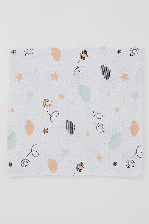 Yenidoğan Bebek Müslin Battaniye Gökyüzü Masalı Kuş & Bulut Desenli Ekru (Standart)