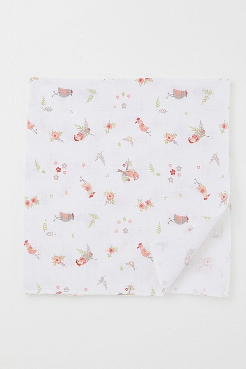 Yenidoğan Bebek Müslin Battaniye Çiçek & Kuş Desenli Ekru (Standart)