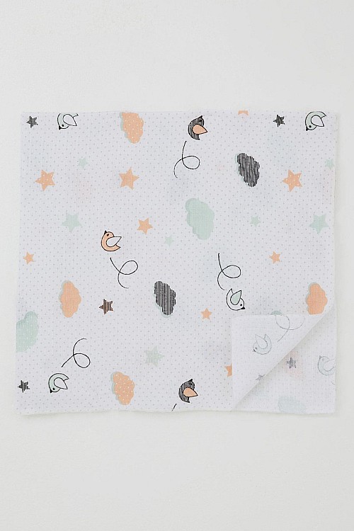 Yenidoğan Bebek Müslin Battaniye Gökyüzü Masalı Kuş & Bulut Desenli Ekru (Standart)