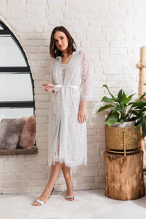 GELİN SET TRANSPARAN MİDİ BOY KUŞAKLI SABAHLIK EKRU (MGP12176)