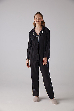 Yaprak Desen Siyah Uzun Pijama Takımı