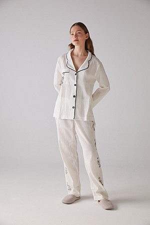 Nota Desen Beyaz Uzun Pijama Takımı