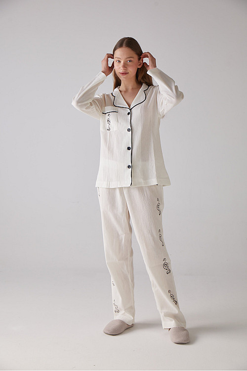 Nota Desen Beyaz Uzun Pijama Takımı