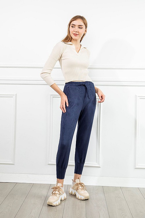 Suede Fabric Slim Fit Pleated Women s Trousers Navy Blue