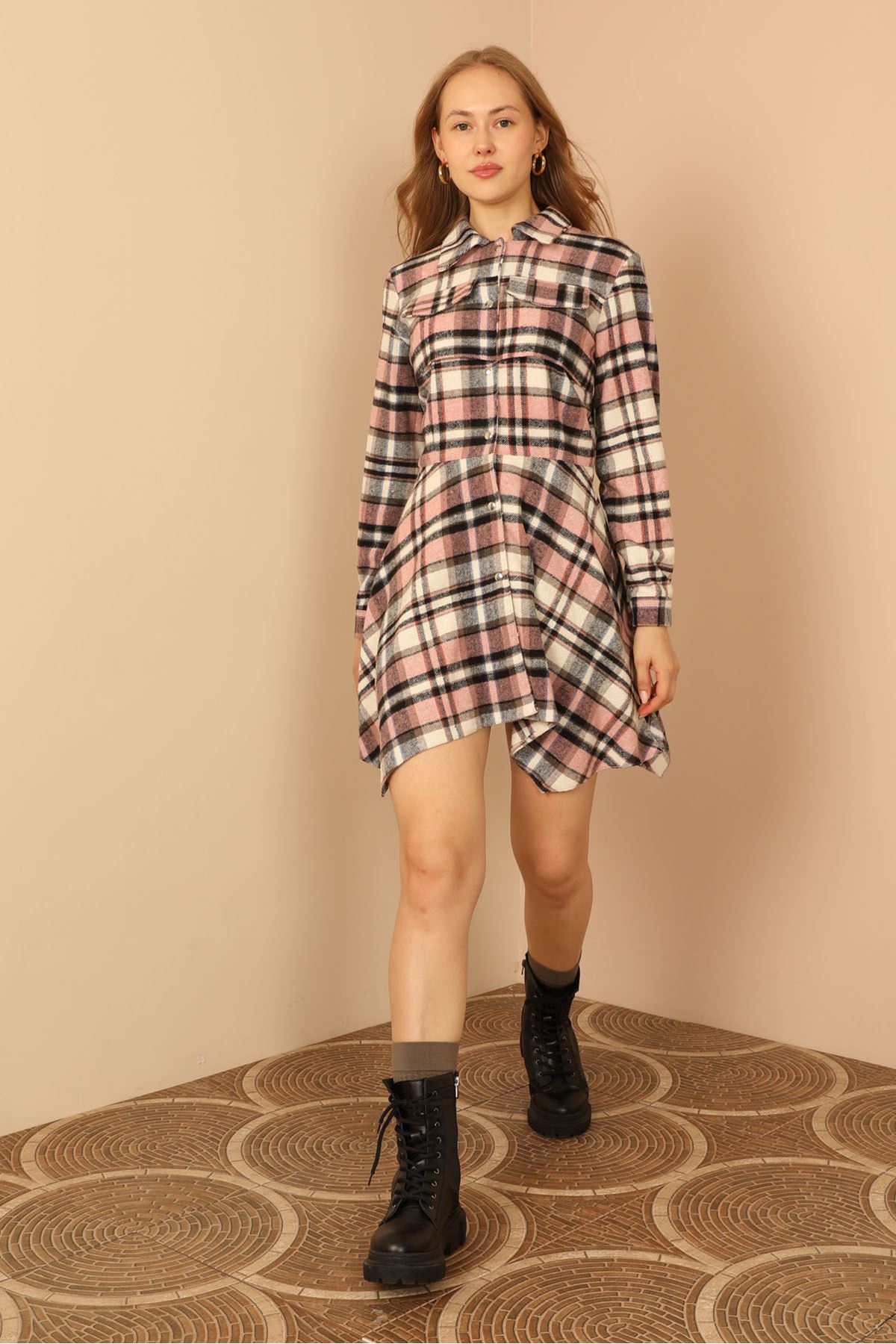 Asymmetric plaid shirt dress top