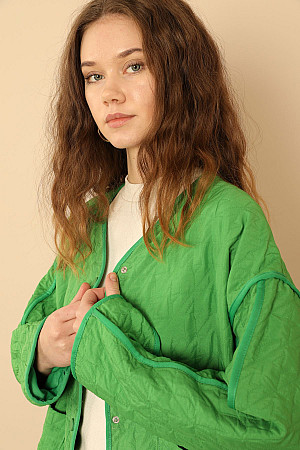 Jakar Kumaş Biyeli Oversize Kadın Ceket-Yeşil