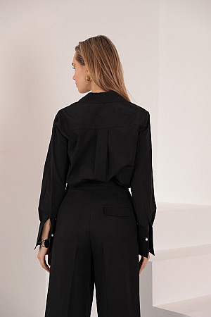 Soft Kumaş Crop Kadın İnci Düğme Detay Gömlek-Siyah