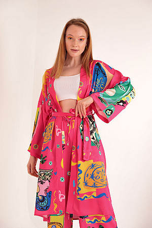 Satin Fabric Soleil Pattern Women&#39;s Kimono-Fuchsia
