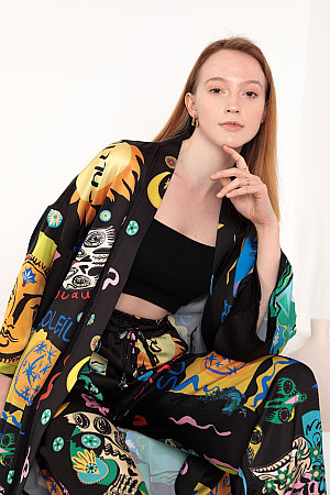 Satin Fabric Soleil Pattern Women&#39;s Kimono-Black