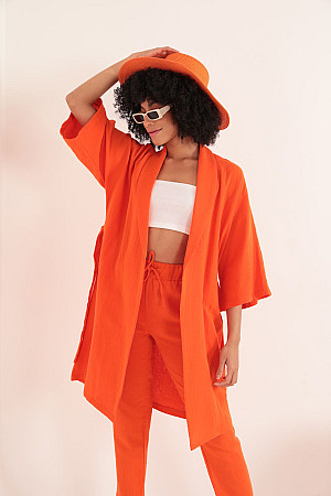 Muslin Fabric Oversize Women&#39;s Kimono-Orange