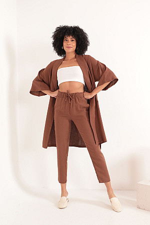 Muslin Fabric Oversize Women&#39;s Kimono-Brown
