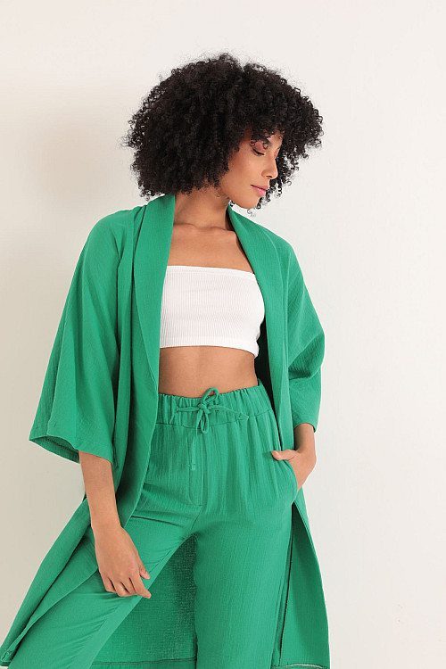 Müslin Kumaş Oversize Kadın Kimono-Yeşil