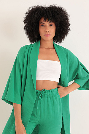 Muslin Fabric Oversize Women&#39;s Kimono-Green