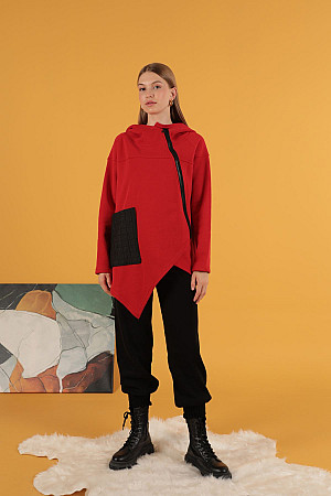 Three Thread Knitted Fabric Asymmetrical Zippered Women&#39;s Cardigan-Red