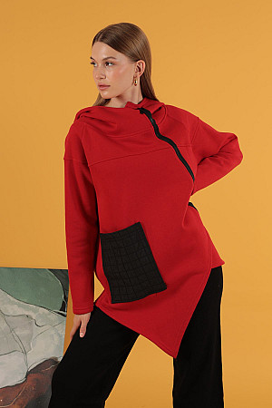Three Thread Knitted Fabric Asymmetrical Zippered Women&#39;s Cardigan-Red