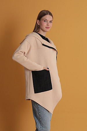 Three Thread Knitted Fabric Asymmetrical Zippered Women&#39;s Cardigan-Beige