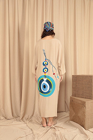 Viskon Kumaş Sırt Baskı Detaylı Kadın Elbise-Bej
