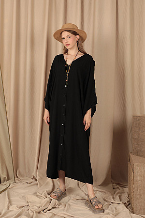 Viskon Kumaş Kol Yırtmaç Detaylı Sırt Nakışlı Kadın Elbise-Siyah