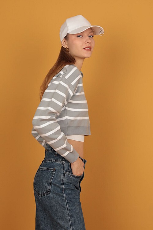 Gömlek Yaka Triko Çizgili Crop-Gri