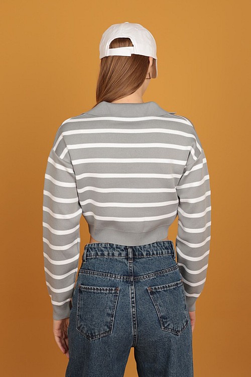 Gömlek Yaka Triko Çizgili Crop-Gri