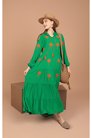 Viskon Kumaş Palmiye Nakışlı Kadın Elbise-Yeşil