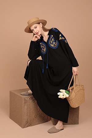 Viskon Kumaş Nakış Espirili Kadın Elbise-Siyah