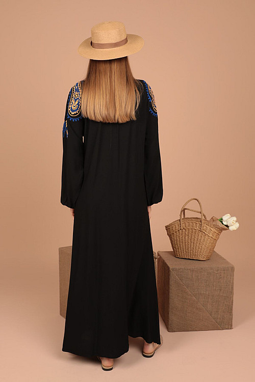 Viskon Kumaş Nakış Espirili Kadın Elbise-Siyah